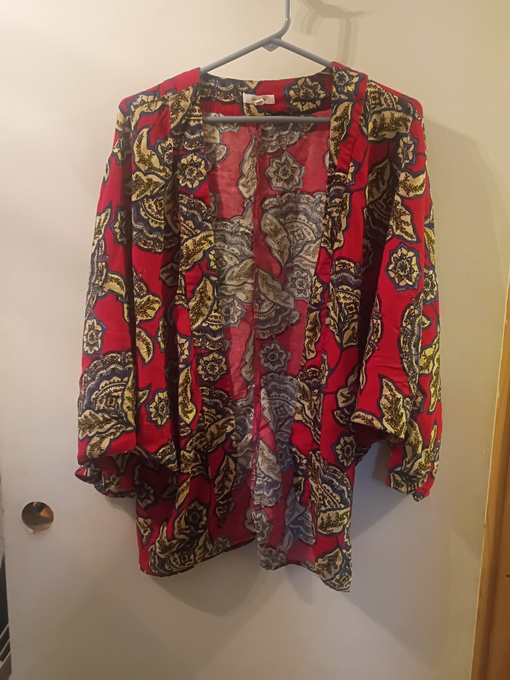 Maurices Red Floral Open-Front Cardigan with Yellow & Black Accents